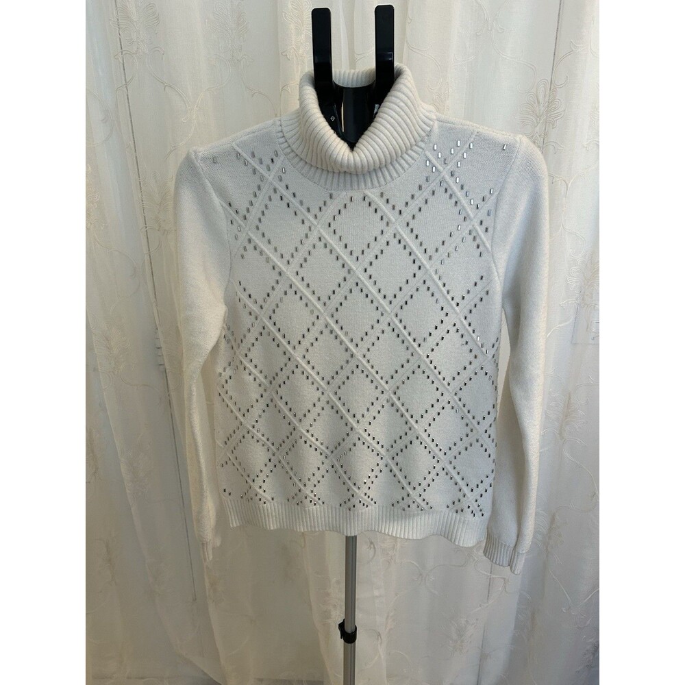 Tahari White Turtleneck Geometric Embellished Knit Pullover Sweater Long Sleeve